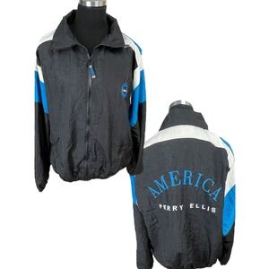 Vtg 90s Perry Ellis Jacket M Windbreaker America Logo Zip Lightweight Preppy